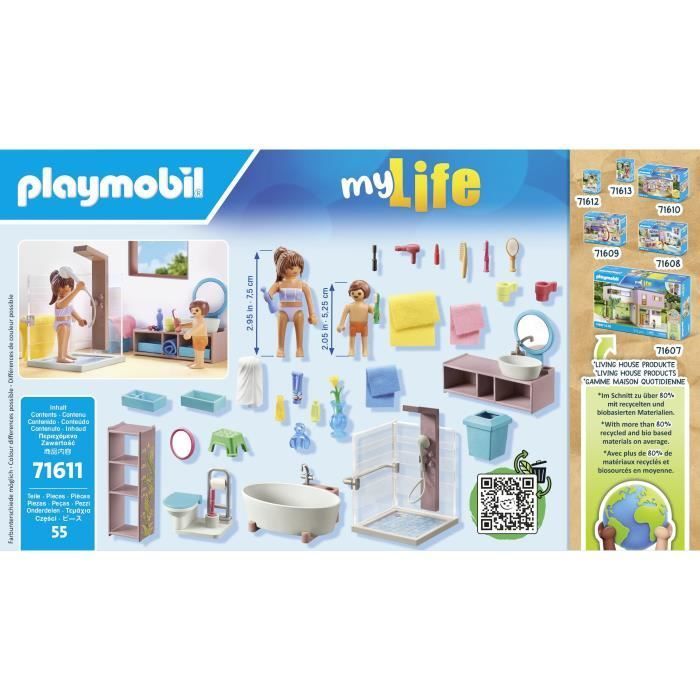 PLAYMOBIL 71611 Bathroom with shower and bathtub, My Life, Architect's House, 55 pieces, Ages 4+