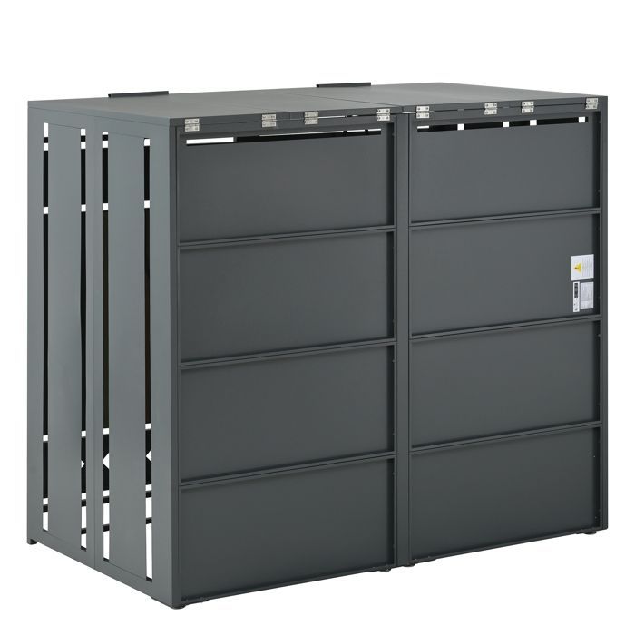 HOMVRA Abri pour Poubelle, Cache-Poubelles 2 Compartiments avec Couvercle Hydraulique, Portes Verrouillable, Acier, Gris et Bois