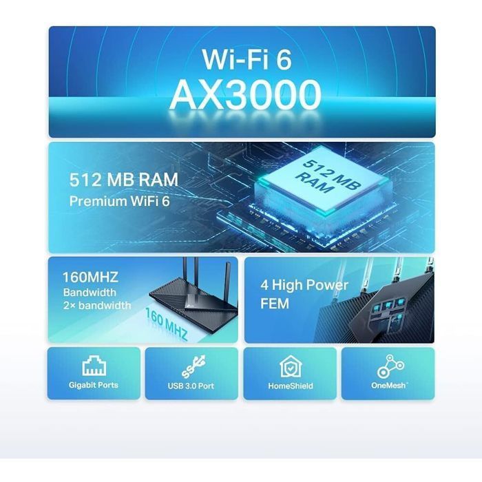 Router WiFi 6 - TP-Link - Archer AX55 - AX3000 - 5 puertos Gigabit - Puerto USB 3.0 - Reacondicionado