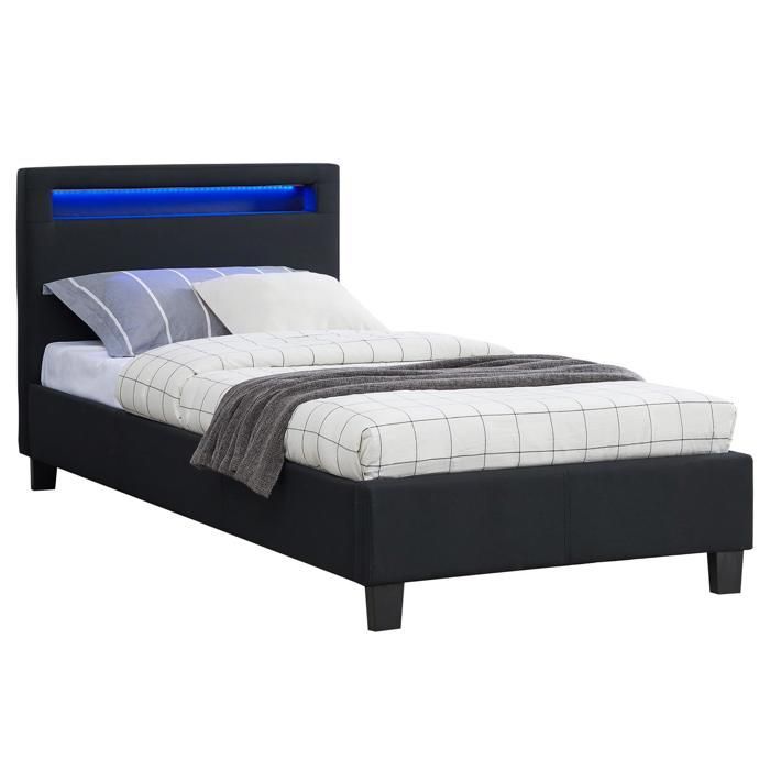 Cama individual LED de 90x190 cm con somier de láminas, cabecero confortable, tapizada en tela negra, MOLINA