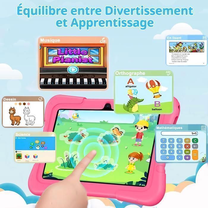 7-Zoll-Android-10-Touchscreen-Tablet, Lern-Tablet, 2 GB RAM + 16 GB Speicher (erweiterbar auf 128 GB), Kindersicherung, 1,3-MP-Kamera + 3-MP-Kamera, kindersichere Hülle, für Kinder von 3 bis 12 Jahren, Pink