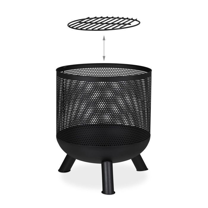 Relaxdays Fire Pit, Mesh Design, Fire Grate, Poker, Garden Fire Pit, Barbecue, Steel, H x D: 53 x 44 cm, Black
