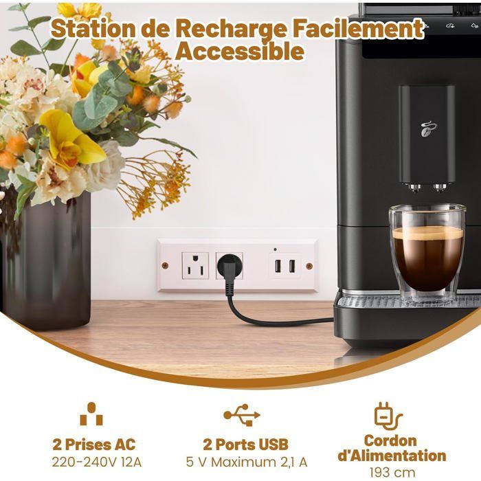 Aparador de cocina COSTWAY con enchufes, puertos USB, estantes ajustables en 3 posiciones y kit antivuelco, 100 x 40 x 181 cm