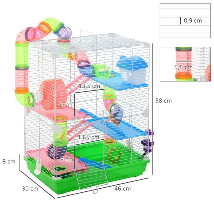PawHut Hamster Cage - Gerbil 5-Story Secure Habitat with Tunnels, Wheel, House, and Ladders - Metal - 46x30x58cm - Green