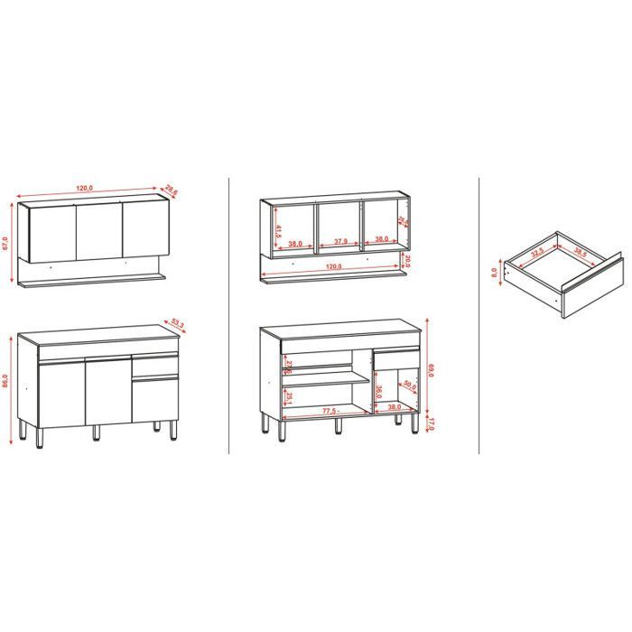 Cuisine Equipée 6 Portes 1 Tiroir Chêne et Blanc 9 NIches L 120 H 200 P 53.3 cm - L 120 x l 53.3 x H 200 cm