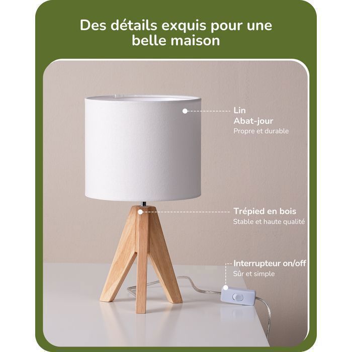 Lampe à poser Lot de 2 Bois avec Abat-Jour en Lin Blanc, Douille E27, Ampoule Incluse