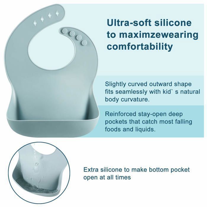 Set of 3 thick silicone bibs for babies and toddlers (10 to 72 months) - Waterproof and adjustable bibs with a large pocket - Soft