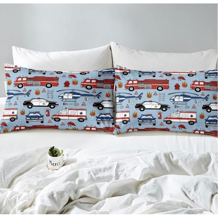 Juego de ropa de cama de dibujos animados de coche de policía, camión de bomberos, funda nórdica roja de 90x190cm para niños y niñas, umbral de puerta de coche
