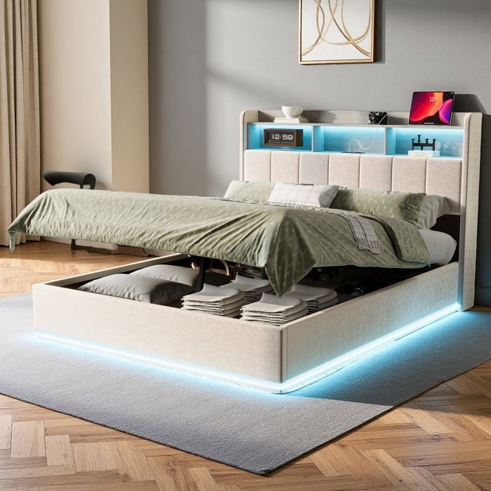 Lit coffre 160x200 cm - LED RGB - Port USB Type-C - Velours blanc - Style moderne