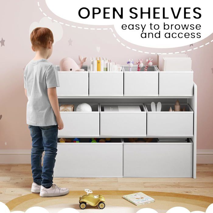 Scaffale portaoggetti per bambini, contenitore per giocattoli, 9 scatole rimovibili in tessuto non tessuto, 92x30x60/68 cm, bianco E0EG0065