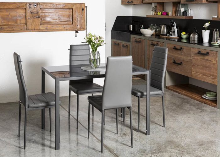 ETTORE tempered glass table set plus 4 LIDIA eco-leather chairs, ideal for the dining room and kitchen (Dark Grey)