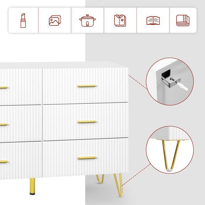 Commode 6 Tiroirs - Design élégant - Meuble en Bois d'Ingénierie - Pieds en Métal Doré - 100x40x75cm - Blanc