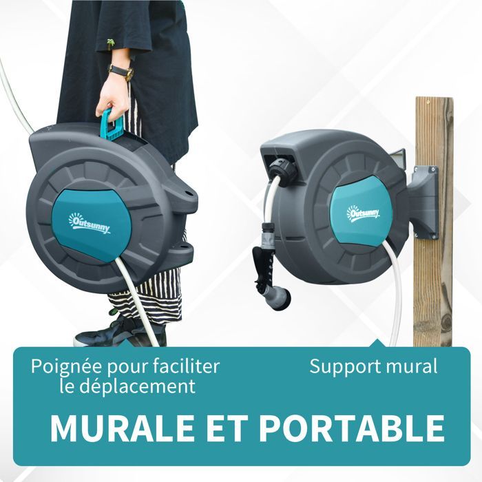 Enrouleur automatique - Outsunny - tuyau arrosage pivotant 180° tuyau 15+1,4 m lance support - plastique - turquoise gris