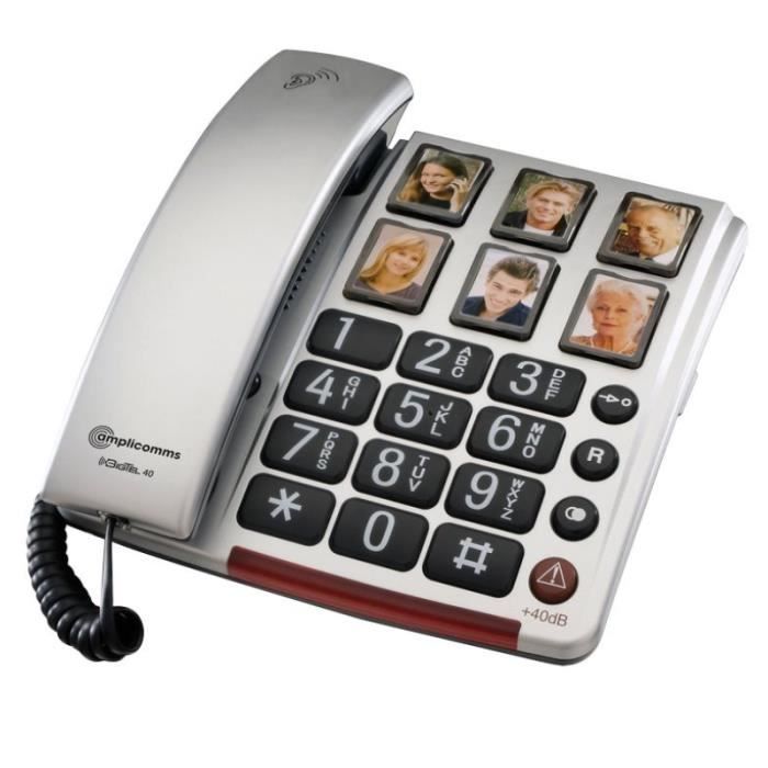 Senior-friendly landline phone - AMPLICOMMS - Bigtel 40 Plus - Amplified +40dB - Large buttons - Grey