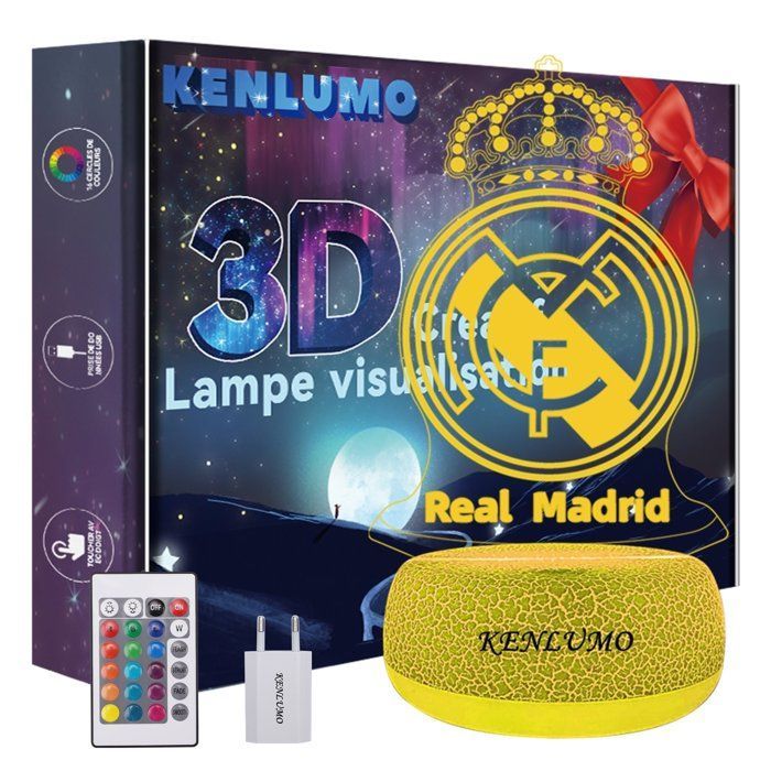 KENLUMO Veilleuse Real Madrid Football Lampe de chevet 3D LED Noël Enfant Cadeau Lampe de nuit télécommande Changement de Couleurs