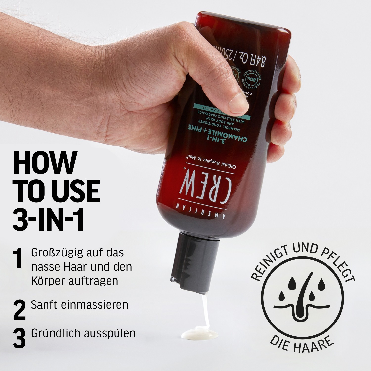 American Crew 3-v-1 šampon za lase, kamilica in bor, balzam, gel za prhanje in - 450 ml