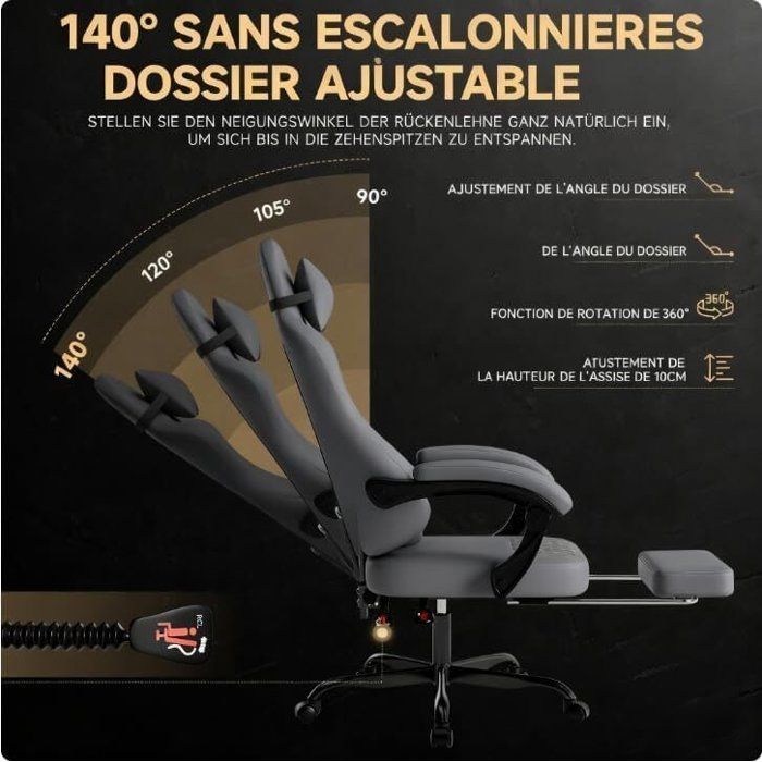 Gaming Chair - Ergonomic Design Gaming Seat - with Cushion, Reclining Backrest, and Headrest - Gray