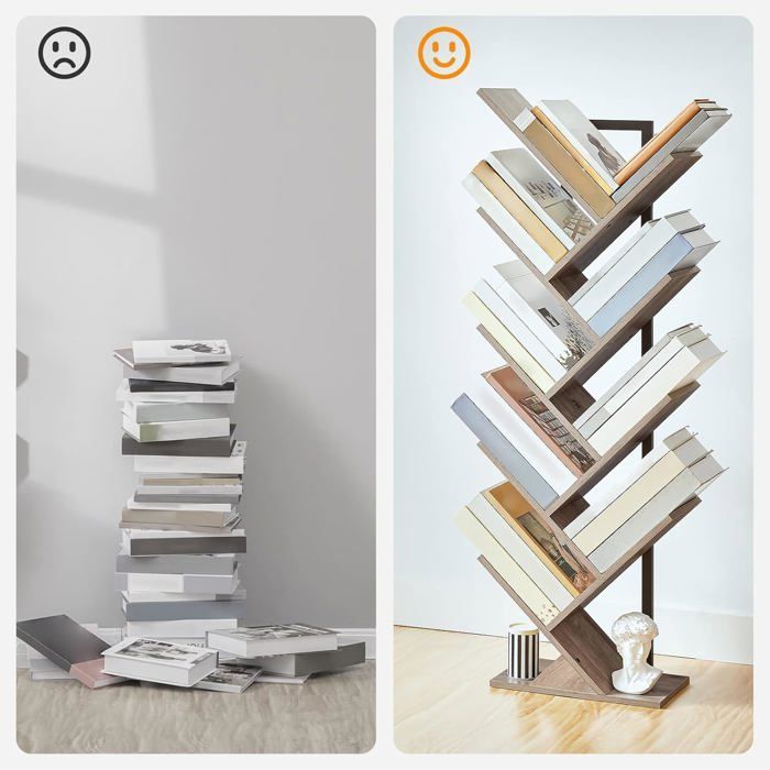 HOOBRO 9-laags boekenplank op poten, boomvormige plank, opbergmeubel voor woonkamer, kantoor, decoratief, grijsbeige