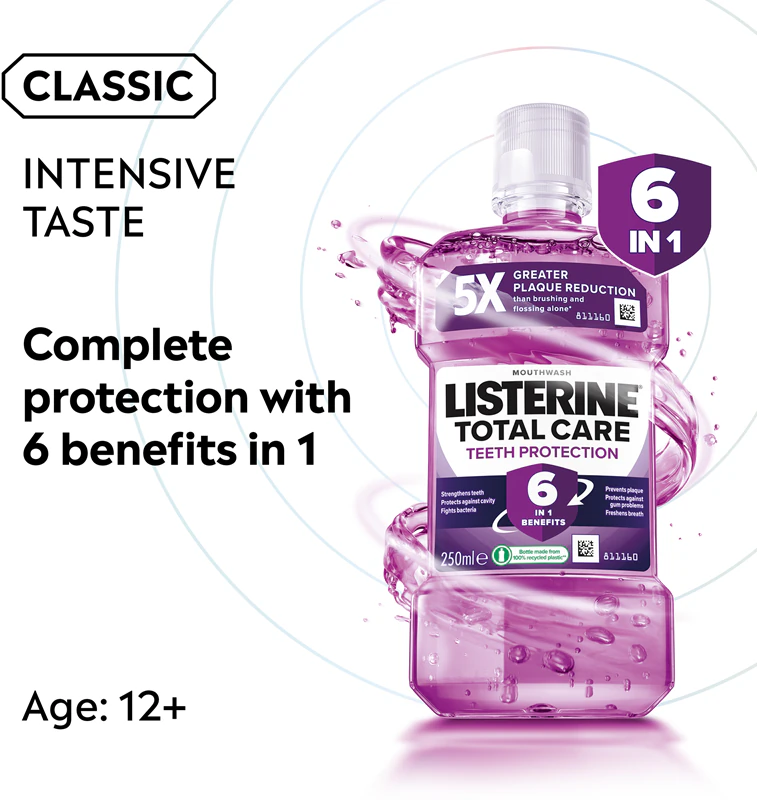 enxaguante bucal Listerine Total Care Teeth Protection proporciona proteção dental completa e hálito fresco.