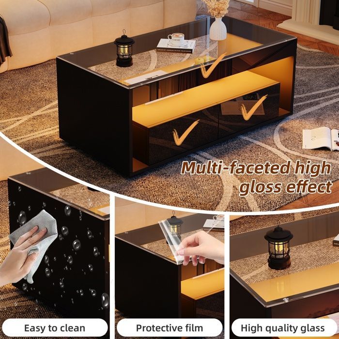 Mesa de centro con 2 cajones, espacio de almacenamiento e iluminación LED de 16 colores, tablero de cristal, estilo moderno, 100x50x40 cm, negro brillante.