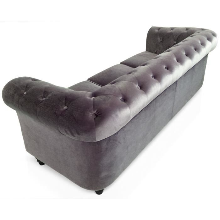 Canapé Chesterfield Velours Argent - MENZZO - 3 places - Gris - Elégance - Chic - Moelleux