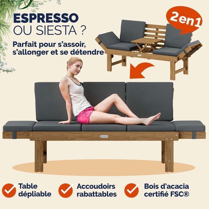 CASARIA Banc de jardin en bois avec table 200x50cm résistant aux intempéries Pliable 3 places jardin balcon bain de soleil