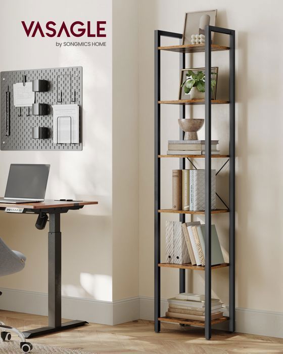 Libreria a 6 ripiani VASAGLE, mobile contenitore, scaffale da ufficio, 30 x 40 x 187,5 cm, marrone rustico e nero inchiostro.