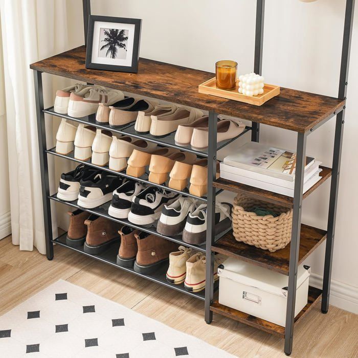 HOOBRO Coat Rack with Shoe Shelf, 3-in-1 Wardrobe, Reversible Side Shelf, Rustic Brown and Black