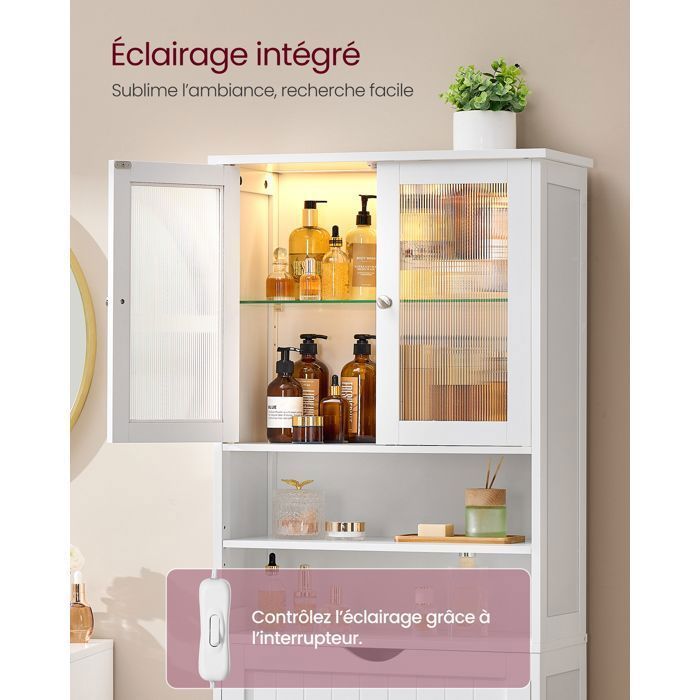 Meuble de Rangement - VASAGLE - Éclairage - Étagères Réglables - Blanc Nuage