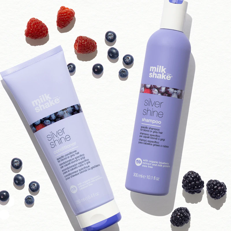 Shampoo e condicionador milk_shake® Silver Shine que neutralizam os tons amarelados.