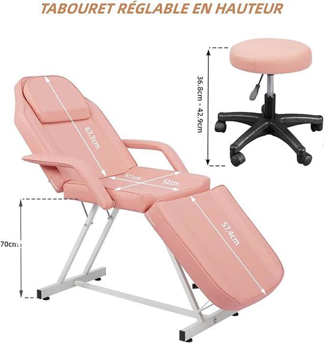 Camilla de masaje con estructura de hierro, patas y respaldo ajustables con taburete, 186 x 82 x 70 cm, color rosa.