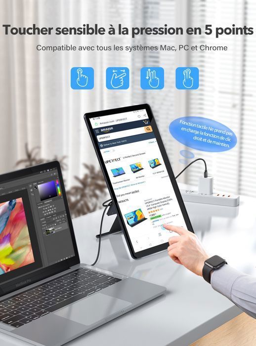 Moniteur portable tactile Full HD 15,6 P 1080 pouces, support rotatif réglable intégré, 100 % sRGB avec interface HDMI, Type C, OTG