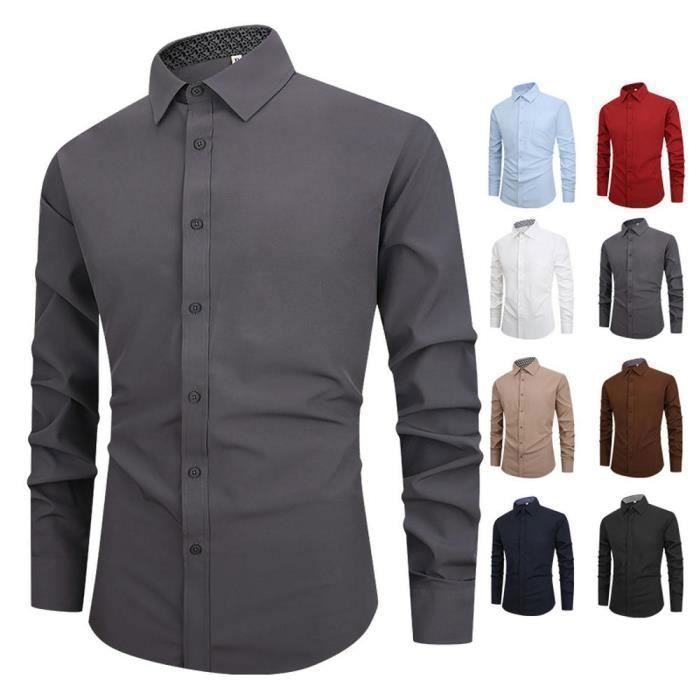 Men's Slim Fit Plus Size Long Sleeve Check Collar Shirt, Elegant Solid Color - EU Size - Black