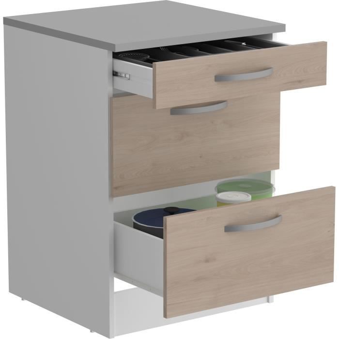 Mobile basso OSLO con 3 cassetti + piano di lavoro - Finitura rovere Jackson - L 60 x P 60 x H 86 cm