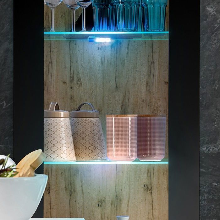 Meuble TV Tivoli Set Medio Komodee - LED bleues - Noir Mat ET Bois naturel - 195x159x35 cm