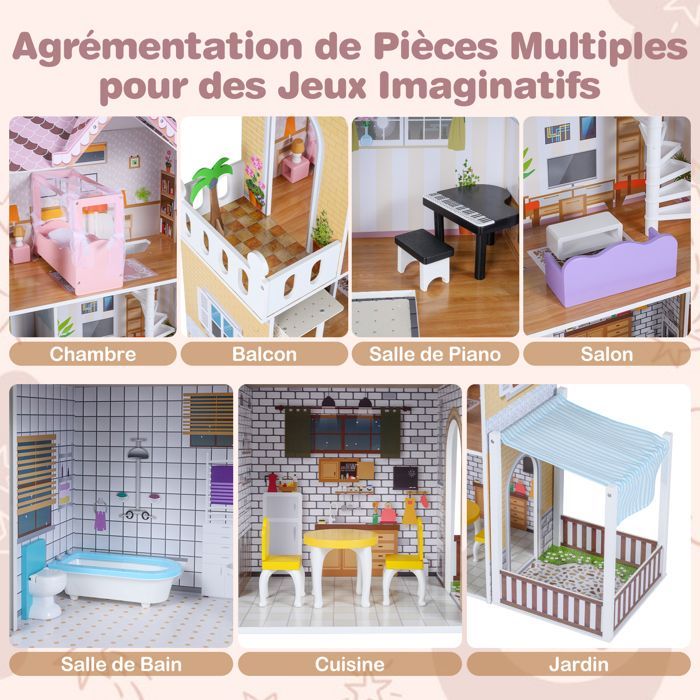 Maison de Poupée COSTWAY en Bois - 16 Accessoires avec 3 Étages  pour Filles et Garçons dès 3 Ans 102 x 34 x 120,5 cm (L x l x H)