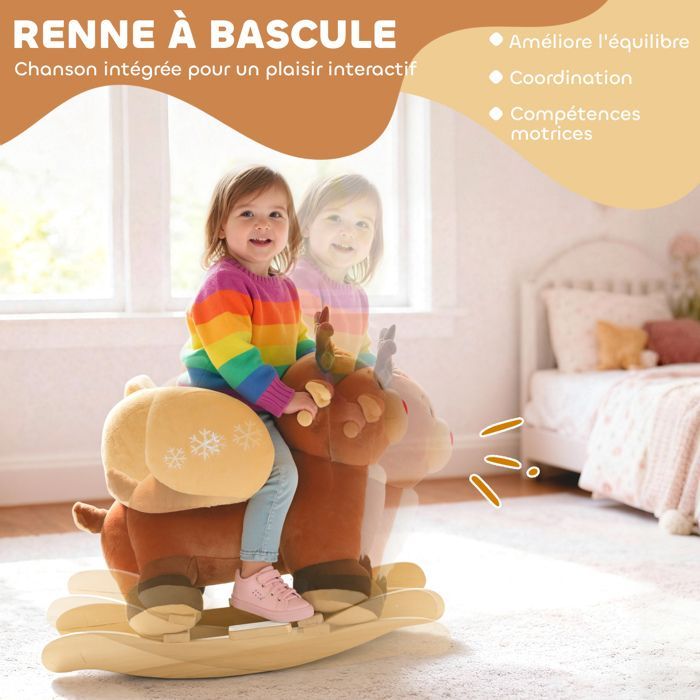 Children's rocking horse, baby rocking reindeer toy with lullabies, safety belt, 65 x 35 x 59 cm, brown