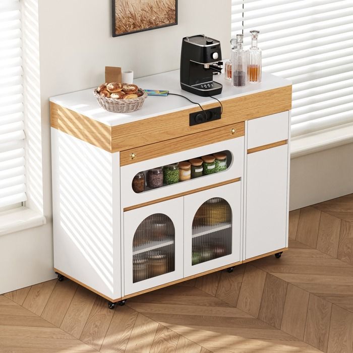 Îlot de cuisine à roulettes 50-187×110×95 cm Desserte de cuisine avec plan de travail extensible 4 porte 1 tiroir ports USB