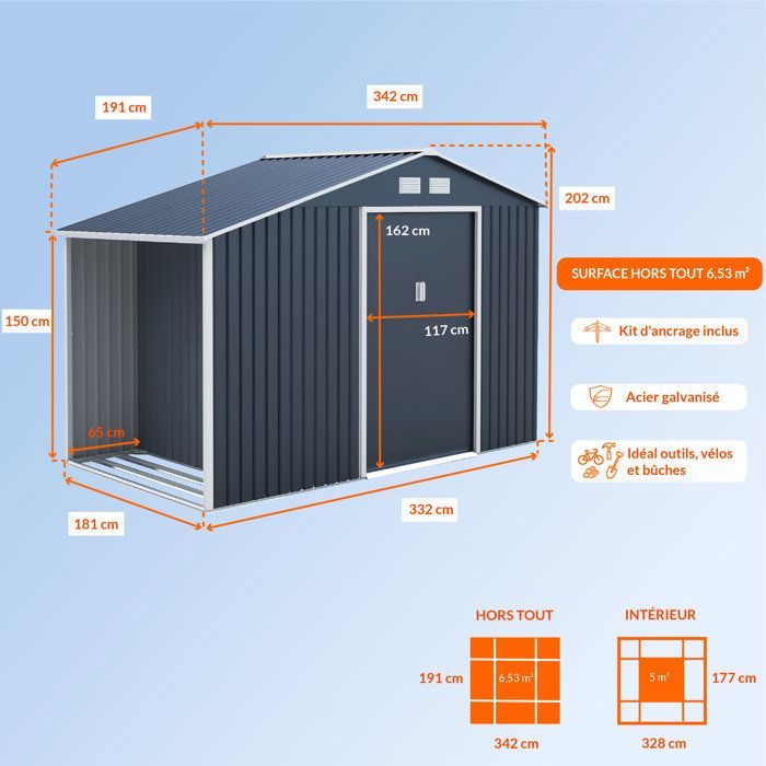 Abri de jardin en métal et abri bûches 6,53 m² - 342 x 191 x 202 cm - SOLIS - Kit d'ancrage inclus, 2 portes coulissantes - Gris