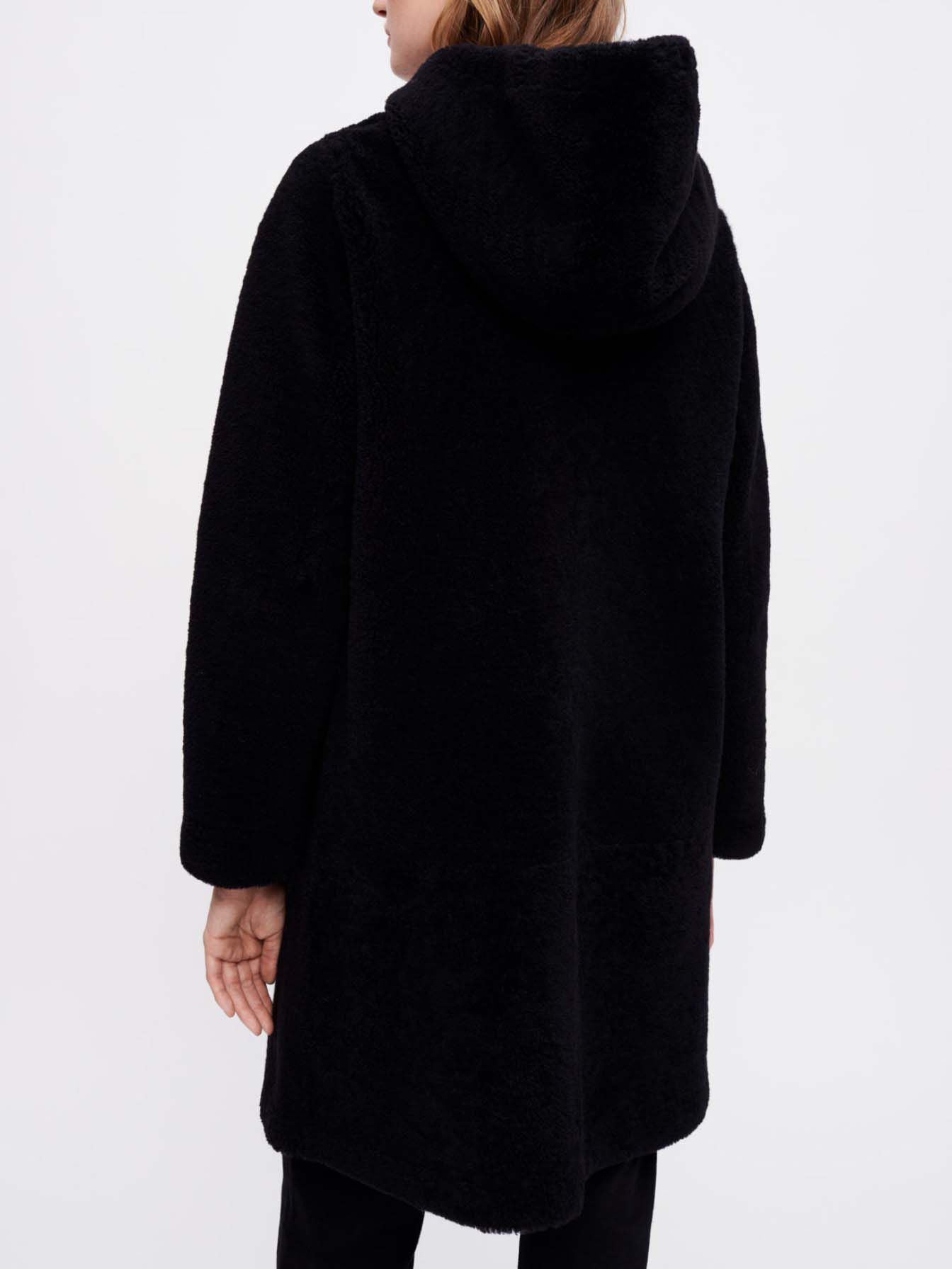 Haină din shearling, lână și blană - Negru