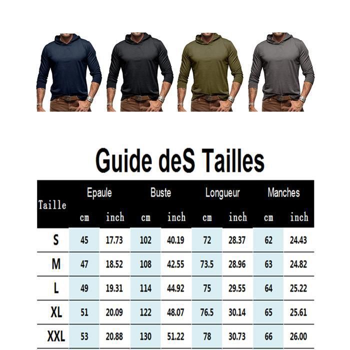 Camiseta de manga larga con capucha para hombre, estilo casual, color liso - Negro
