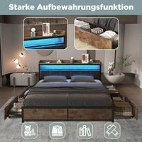 Cama doble de 180x200 cm - PERGAR - Cajones de almacenamiento - Iluminación LED - Cabecero tapizado