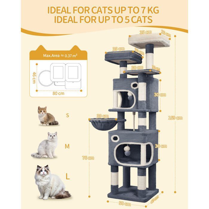 Arbre à Chat Hauteur 159 cm, Tour de Jeux pour Chat avec 8 Griffoirs, 3 Plateformes, 2 Niches, Panier, Pompons, Gris Foncé