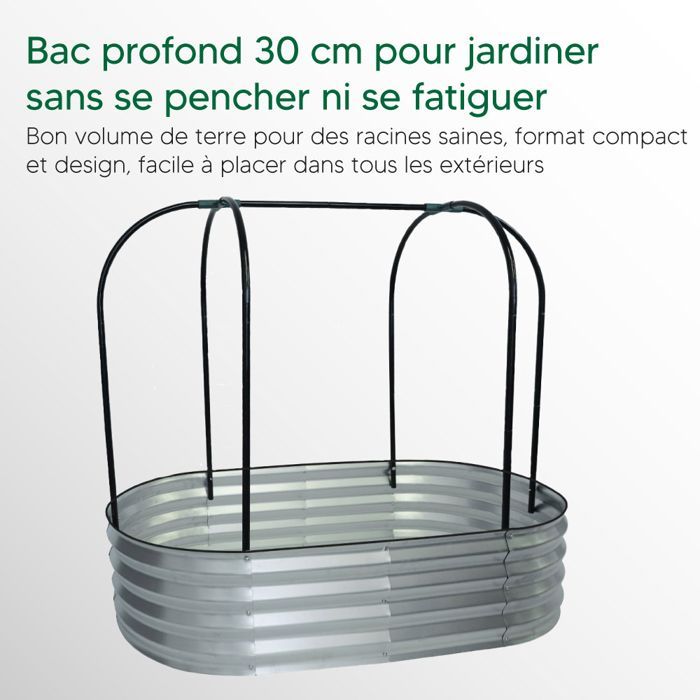 Canteiro elevado de metal para horta, 120x60x110 cm, com arcos e rede de proteção, em aço galvanizado resistente à ferrugem - cinza/verde