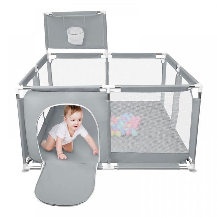 Box per bambini - XUANYU - Box per bambini - Box grande con barriere + supporto per pallone da basket + 50 palline - 126*126*66 cm - Grigio chiaro