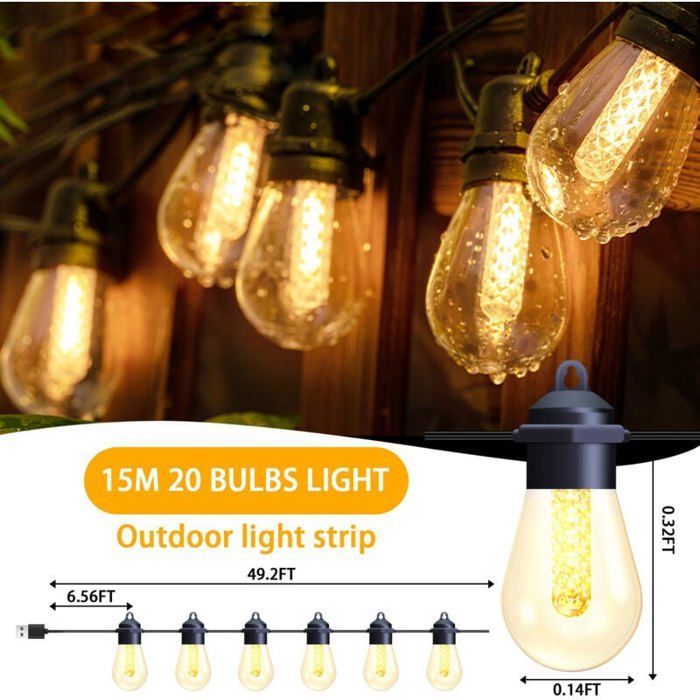 Guirlande Lumineuse Solaire 15m E12 IP44, 2200K Blanc Chaud pour Jardin/Terrasse/Arbres, Décoration Fête Extérieur
