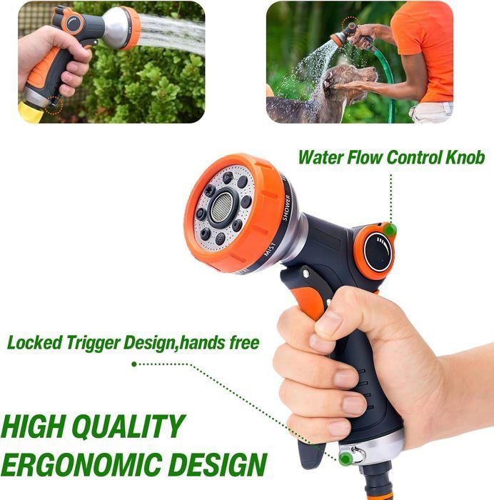 Pistola pulverizadora para manguera de jardín, 8 patrones ajustables, boquilla de alta presión, control de flujo de agua.