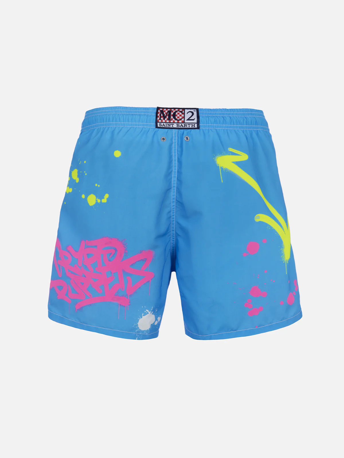 Gustavia Mid-Length Swim Shorts with Ducky Cryptopuppets Special Edition Print | Peach Touch Effect Fabric, Turquoise Backcloth | Elastic & Adjustable
