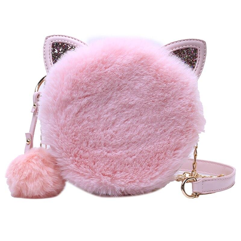 Borsa a tracolla Kawaii in pelliccia, nuova borsa invernale 2019, alta qualità, mini borsa da ragazza con orecchie di gatto carine, tracolla rotonda, borsa a tracolla rosa