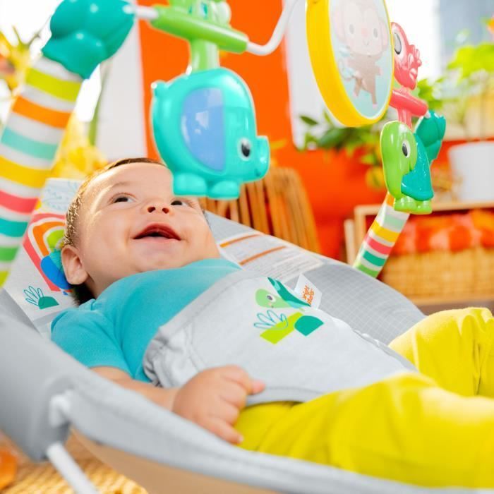 BRIGHT STARTS Baby Bouncer Animals, Soothing Vibrations, Activity Arch with Interactive Toys, Baby Gift